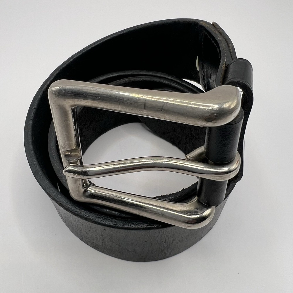 Leather Men's Belt 34 Black Silver Tone Buckle Distressed Work Streetwear